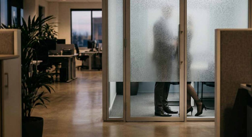 Siluety muža a ženy, dvoch kolegov, stojacich tesne pri sebe za matnými sklenenými dverami kancelárie, ich nohy sú viditeľné v spodnej časti dverí, čo naznačuje tajný vzťah, románik alebo aféru na pracovisku.