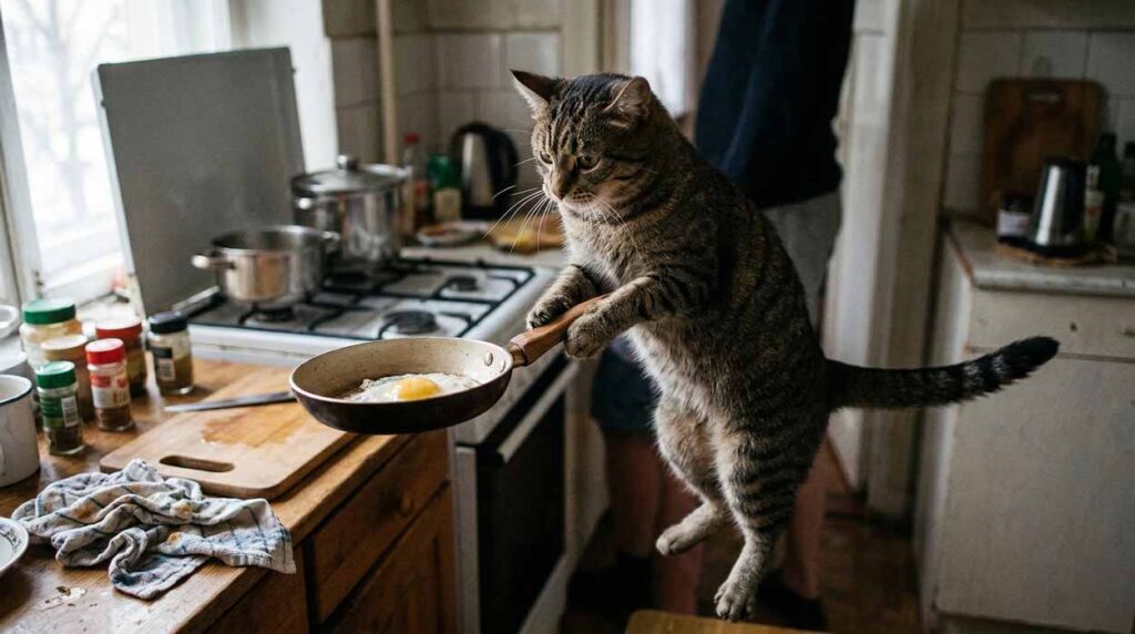 Fotorealistický dokumentárny záber tancujúcej mačky, ktorá stojí na zadných nohách v kuchyni a v labkách drží panvicu s pripraveným volským okom. Obrázok pre portál EXPOST.sk ilustruje absurditu a technickú dokonalosť AI generovaného obsahu.
