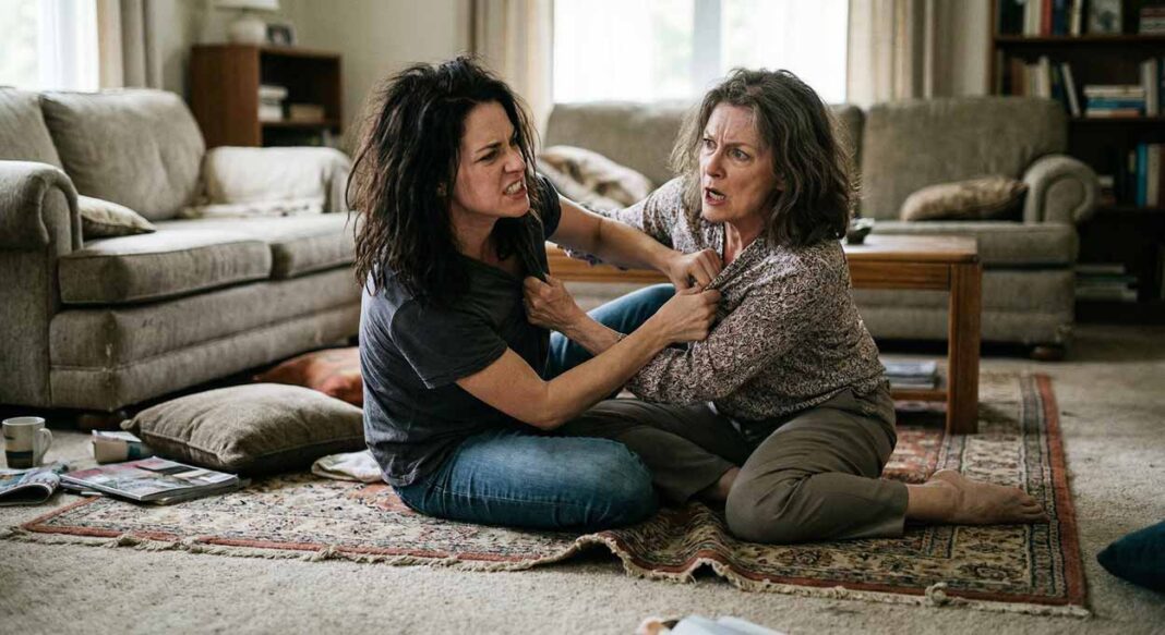 Toxická svokra a nevesta sa fyzicky bijú na zemi v obývačke, vyhrotený konflikt.