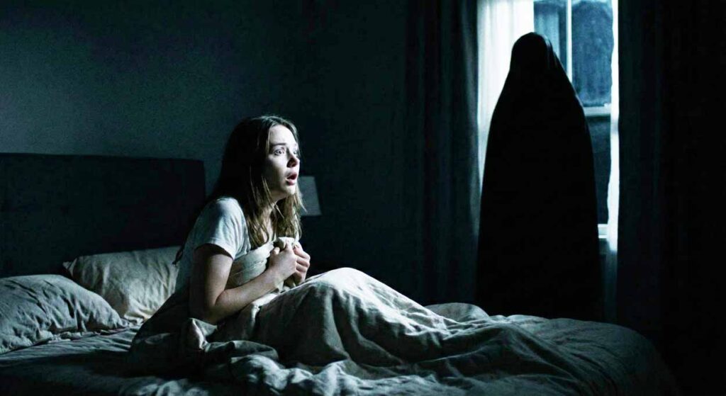 Vystrašená žena v tmavej spálni hľadí na temnú siluetu v rohu izby, ilustrácia psychologického javu pareidólia a vnímania postáv v tme.