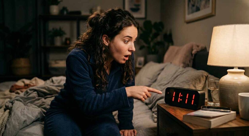 Šokovaná žena ukazuje prstom na rádiobudík s časom 11:11, znázornenie psychologického javu apofénia a vnímania číselných vzorcov.