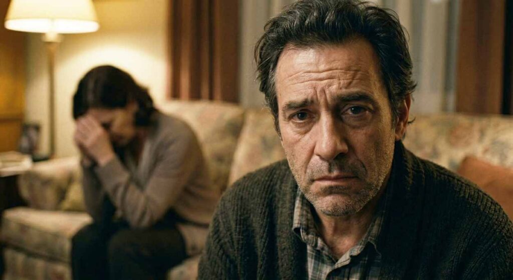 Detail tváre muža vyjadrujúci skrytú ľútosť a zahanbenie po hádke, s rozostrenou postavou smutnej manželky v pozadí na gauči.