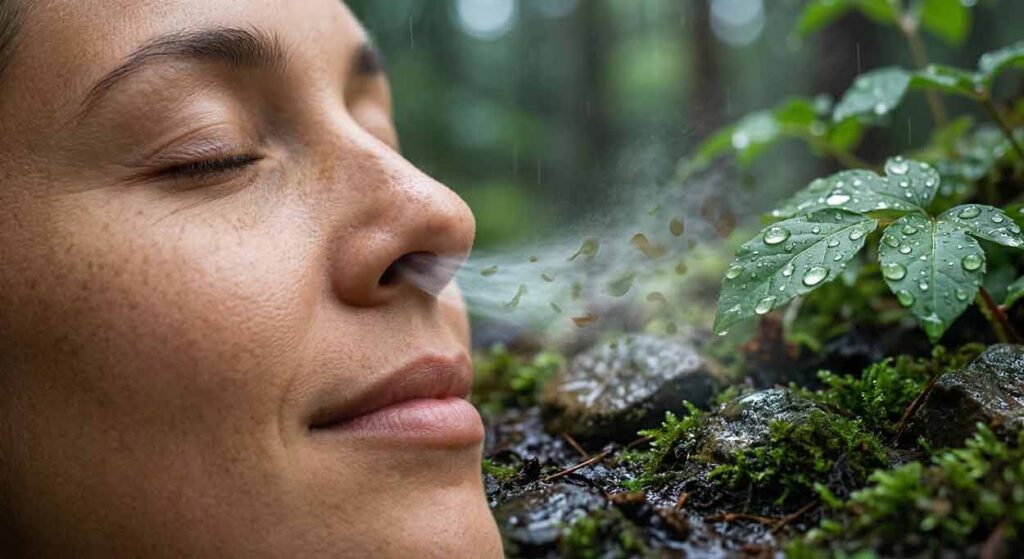 Detailný záber na profil tváre ženy vdychujúcej vôňu mokrej zeme, machu a petrichoru v lese po daždi.