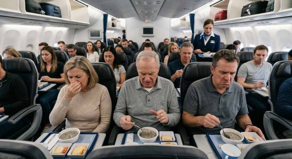 Skupina pasažierov v ekonomickej triede lietadla konzumuje polievku s nespokojným a znechuteným výrazom tváre.