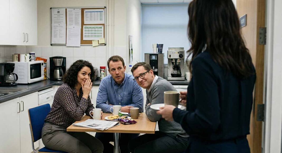 Skupina kolegov v kancelárskej kuchynke intrigantne sleduje prichádzajúcu ženu, čo ilustruje ohováranie, intrigy na pracovisku a prejavy toxického kolektívu.