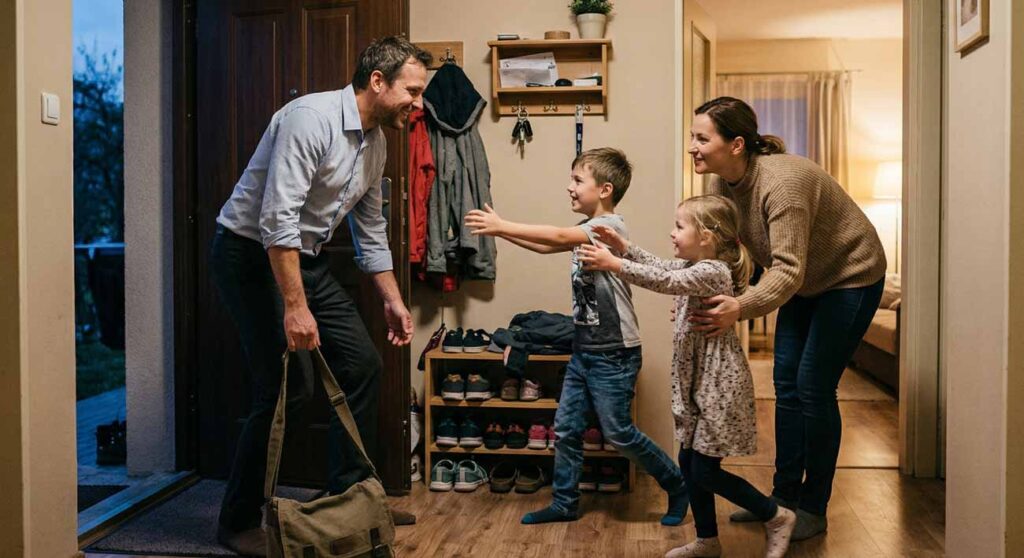 Šťastný otec sa vracia z práce domov k manželke a deťom, čo ilustruje význam zdravých vzťahov na pracovisku pre kvalitný súkromný život.