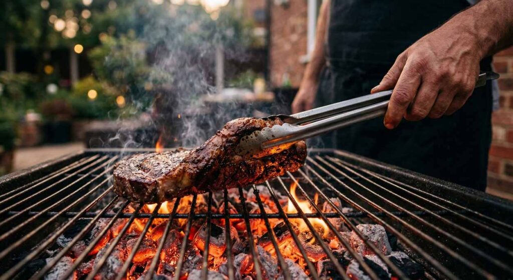 Detailný záber na rozpálený záhradný gril s rozžeraveným červeným uhlím a šťavnatým steakom, ktorý ruka s kovovými kliešťami práve otáča v oblaku dymu, symbolizujúci rituál prípravy jedla na ohni pre EXPOST.sk.