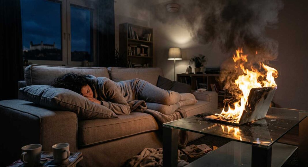 Žena leží na gauči s hlavou zarytou do vankúša a prikrytá dekou, zatiaľ čo jej notebook horí jasným plameňom na sklenenom stole (sklenený stôl) v tmavej nočnej izbe, čo znázorňuje extrémnu prokrastináciu (horiaci notebook).