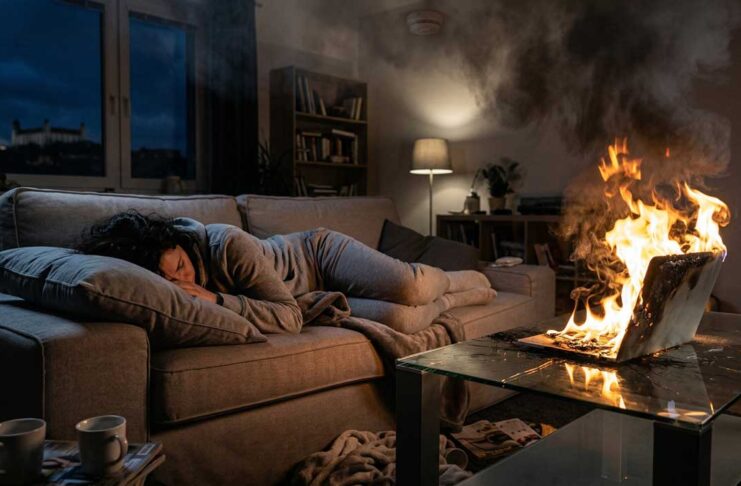 Žena leží na gauči s hlavou zarytou do vankúša a prikrytá dekou, zatiaľ čo jej notebook horí jasným plameňom na sklenenom stole (sklenený stôl) v tmavej nočnej izbe, čo znázorňuje extrémnu prokrastináciu (horiaci notebook).