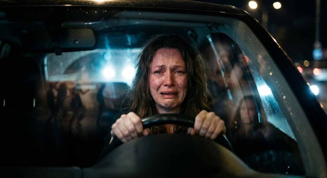 Intenzívny detailný záber na plačúcu ženu za volantom auta počas noci. Jej tvár, poznačená silnou emóciou a slzami, je osvetlená svetlometmi protiidúceho vozidla. Obraz znázorňuje katarziu, vracajúce sa spomienky a vplyv nostalgickej hudby na psychiku človeka pre portál EXPOST.sk.