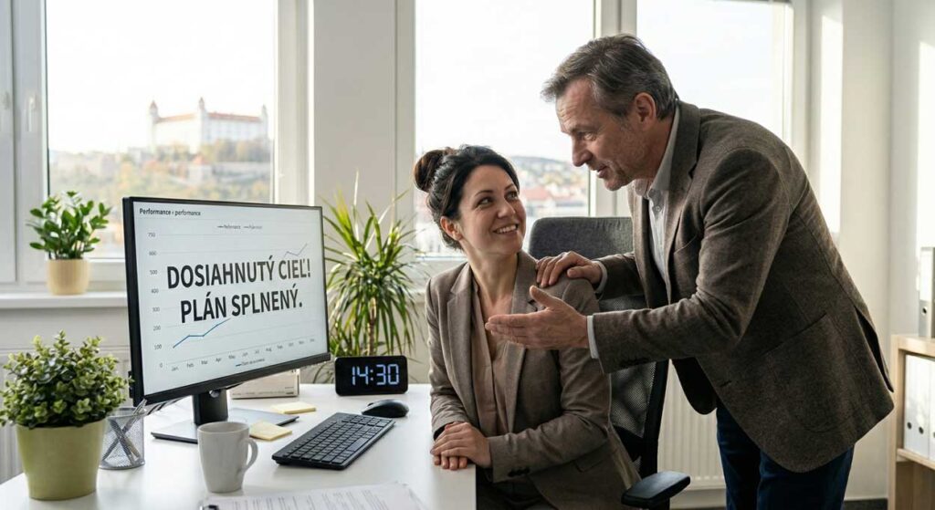 Pousmiata žena sedí za pracovným stolom v modernej kancelárii, zatiaľ čo ju starší šéf s uznaním tľapká po pleci a motivuje ju. Na monitore počítača svieti graf a veľký nápis „DOSIAHNUTÝ CIEĽ! PLÁN SPLNENÝ.“. V pozadí cez okno je vidieť Bratislavský hrad za denného svetla, v miestnosti vládne príjemná a produktívna atmosféra.