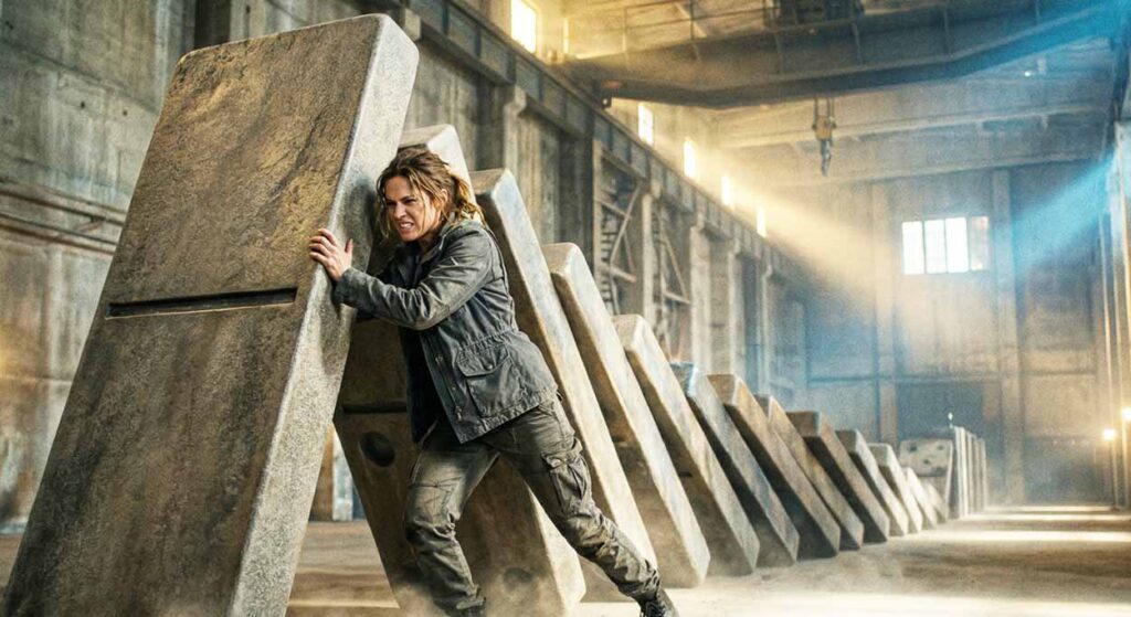 Žena sa v priemyselnej hale snaží vlastnou silou zastaviť rad obrovských padajúcich domino dosiek, metafora pre domino efekt.