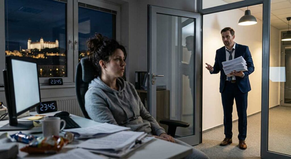 Fotorealistický záber z tmavej, neupratanej kancelárie o 23:45 (Bratislava). V popredí sedí znudená, unavená a strapatá žena (sivá mikina, rozcuchané vlasy) a pozerá blankytne. Cez sklenené dvere ju formálne oblečený kolega (oblek, košeľa, viazanka) so štósom vytlačených papierov v ruke žiada o láskavosť. Vonku cez veľké okno je vidno osvetlený Bratislavský hrad v noci.