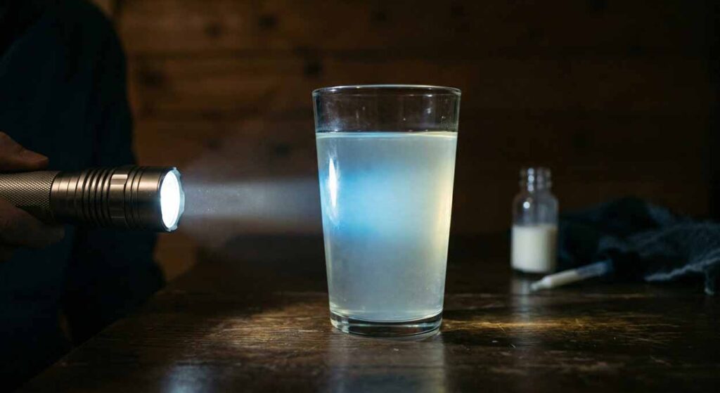 Domáci vedecký experiment s pohárom vody, mliekom a baterkou demonštrujúci modrastý rozptyl svetla a Tyndallov jav.