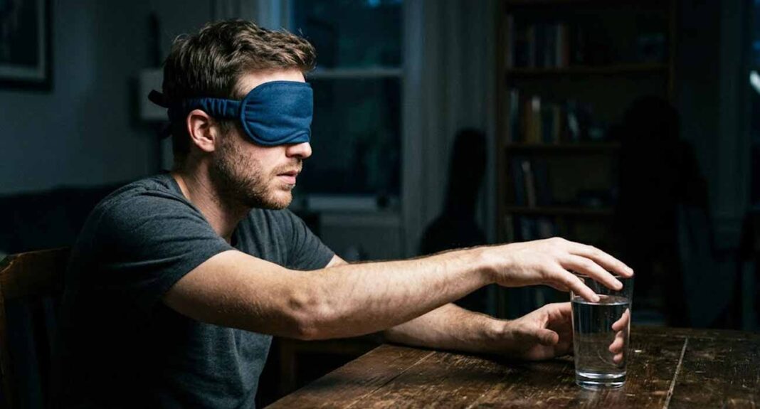 Mladý muž s jemným strniskom, ktorý má zaviazané oči, sa v tme načahuje po pohár vody na drevenom stole.