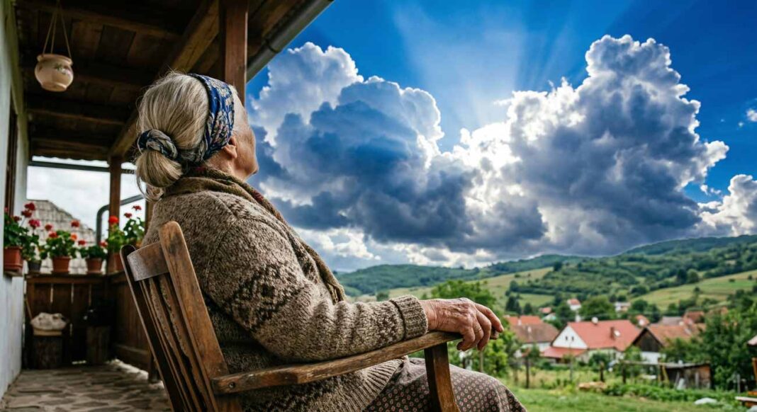 Pohľad cez rameno staršej ženy na jasnú kráľovsky modrú oblohu s bielymi oblakmi, ilustrujúci tému prečo je obloha modrá a Rayleighov rozptyl.
