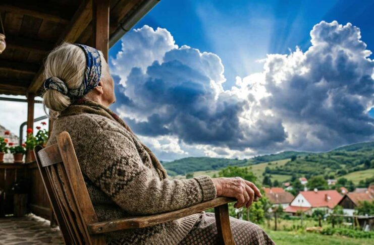 Pohľad cez rameno staršej ženy na jasnú kráľovsky modrú oblohu s bielymi oblakmi, ilustrujúci tému prečo je obloha modrá a Rayleighov rozptyl.