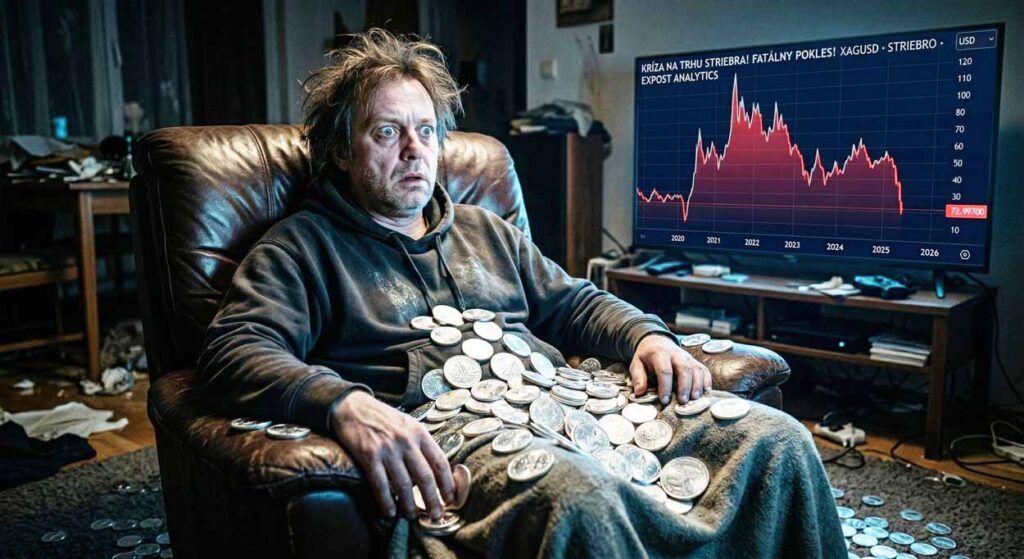 Šokovaný investor so strapatými vlasmi sleduje v televízii graf fatálneho prepadu ceny striebra s hromadou strieborných mincí na kolenách.