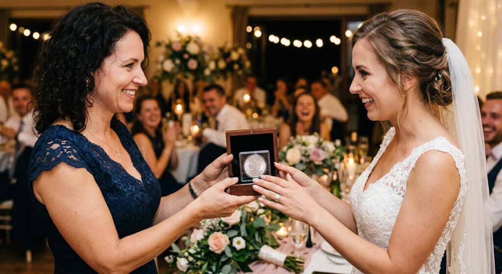 Hosť podáva neveste na svadbe certifikovanú striebornú investičnú mincu v ozdobnej drevenej krabičke a ochranných kapsulách.