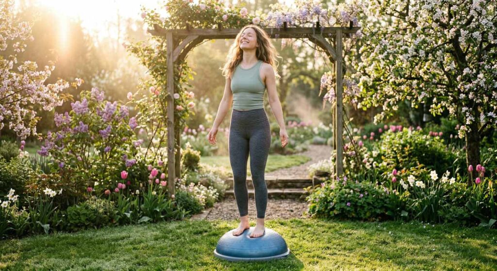 Mladá žena v športovom oblečení balansuje na modrej bosu lopte v rozkvitnutej jarnej záhrade počas ranného slnka.